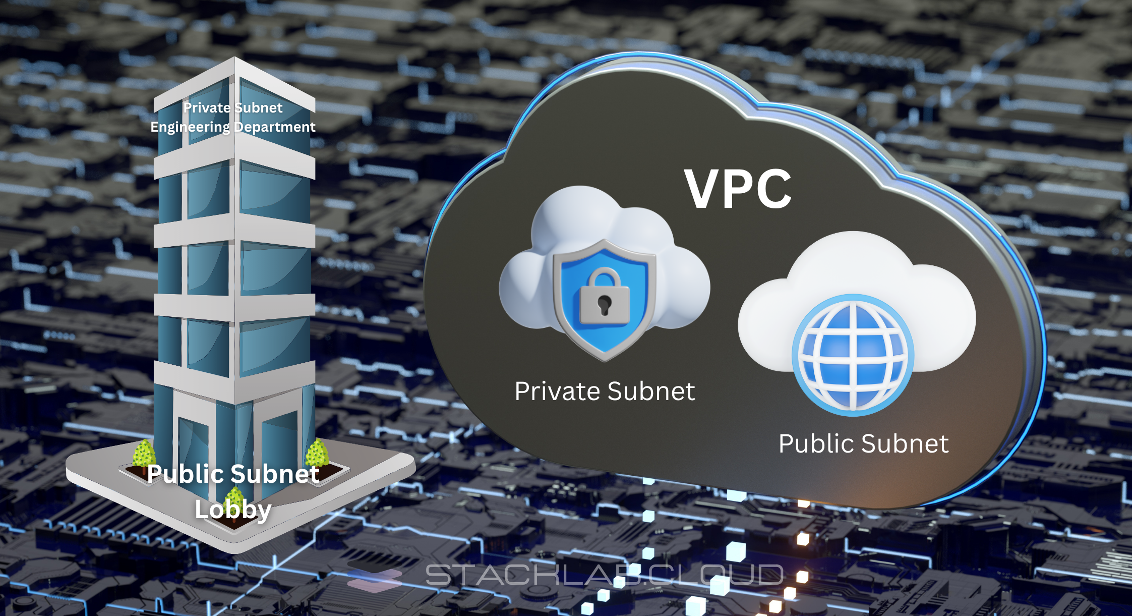 A simple diagram showing a large box labeled "VPC (The Office Building)" containing two smaller boxes inside labeled "Public Subnet (Reception/Lobby)" and "Private Subnet (Secure Engineering Dept)".