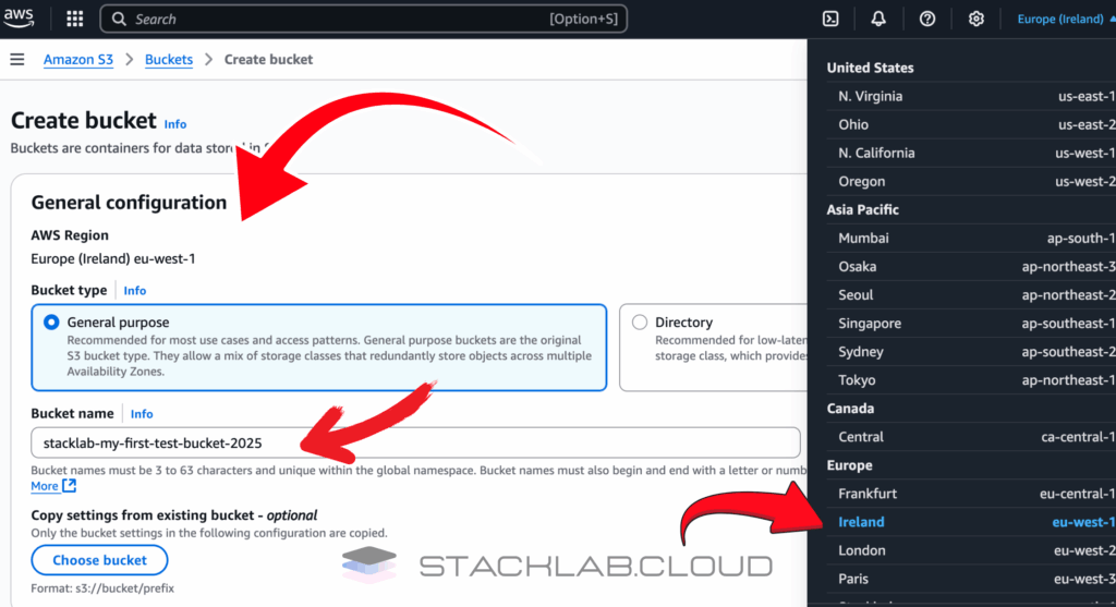 A screenshot showing the "Bucket name" and "AWS Region" selection fields in the S3 create bucket wizard.