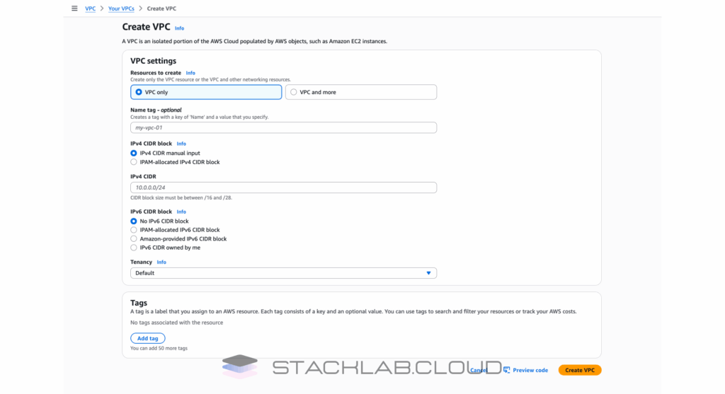 A screenshot of the AWS VPC creation screen, with the "VPC and more" option highlighted.