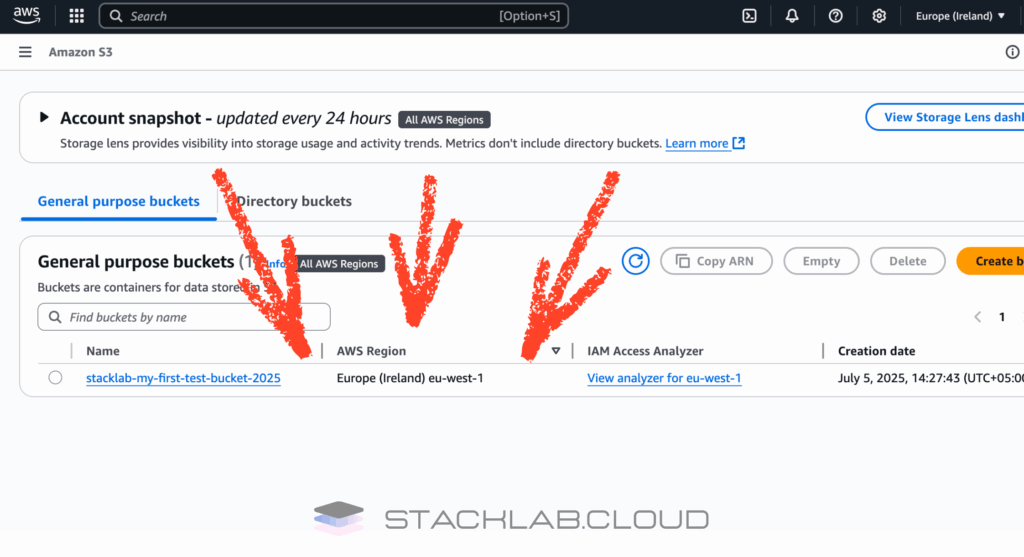 A screenshot of the S3 Buckets list, with an arrow pointing to a specific bucket name to be clicked.