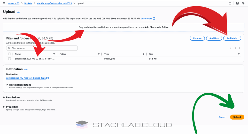 A screenshot of the S3 upload screen, showing the "Add files" button and a file listed after being selected.