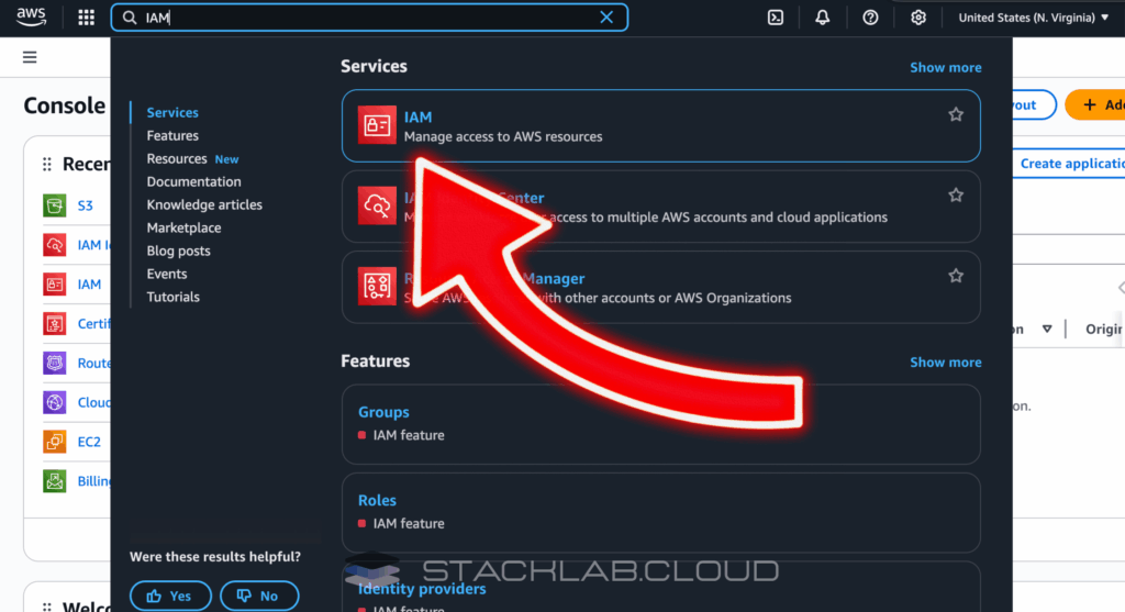 A screenshot of the AWS Management Console with an arrow pointing to the search bar where "IAM" is typed.